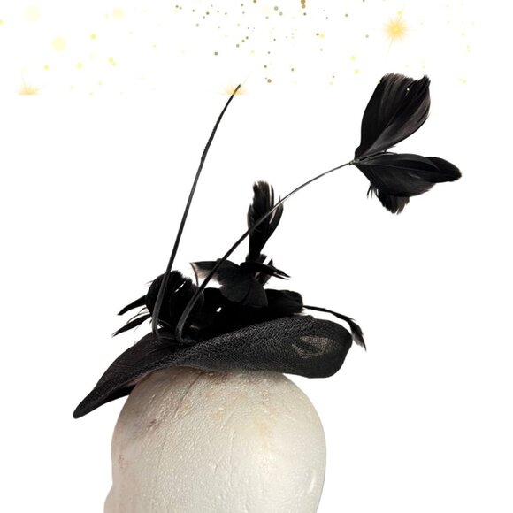 Sinamay Black Fascinator with Feathers Wedding , Elegant Party, Ballroom Costume - Picture 2 of 4